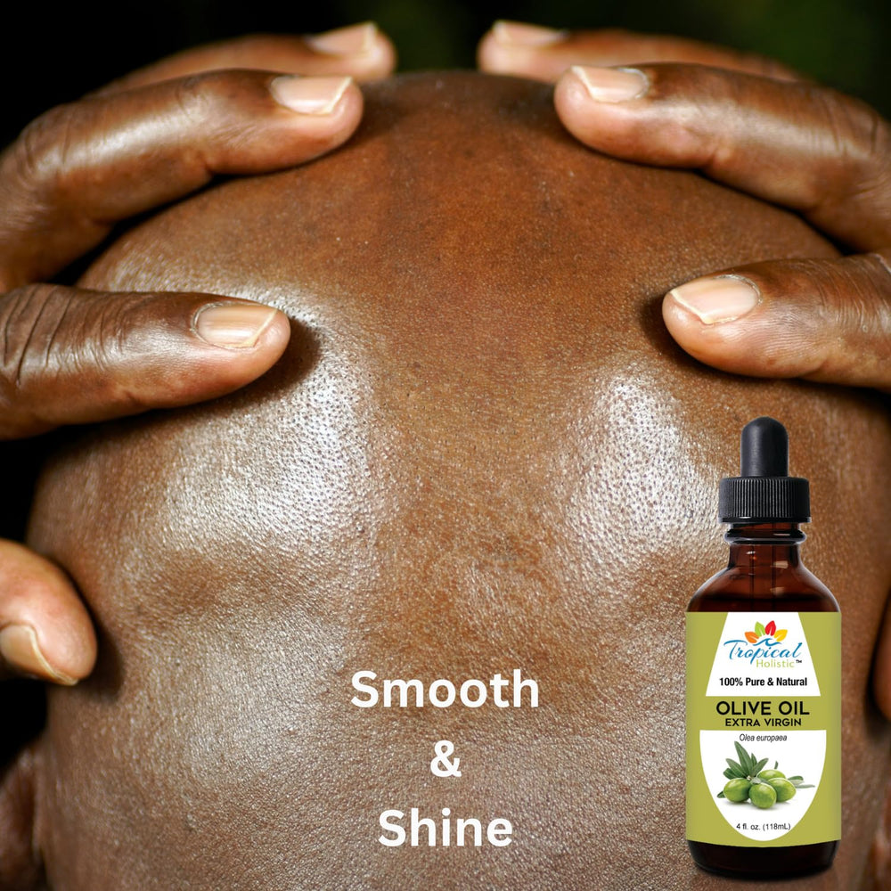Tropical Holistic olive oil dry scalp treatment image conveys soothing hydration.