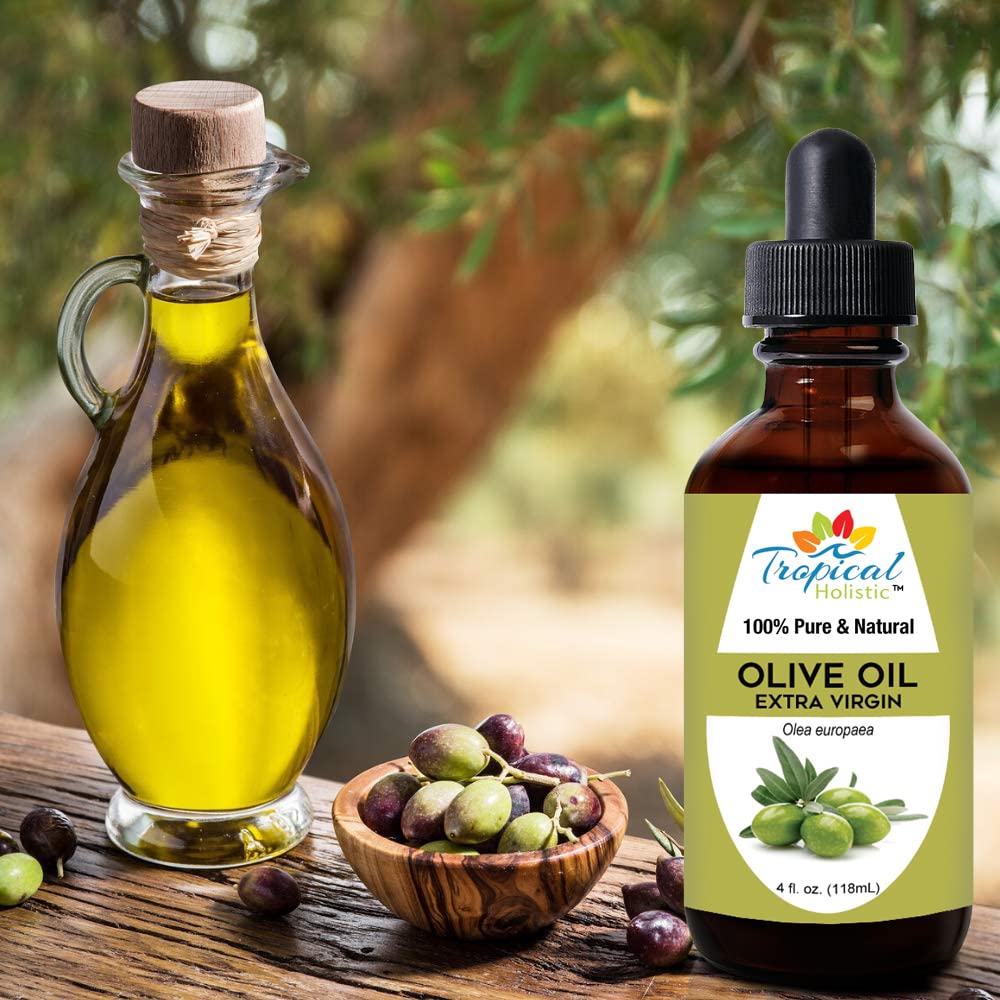 Tropical Holistic olive oil pour closeup highlighting purity for face and hair care.