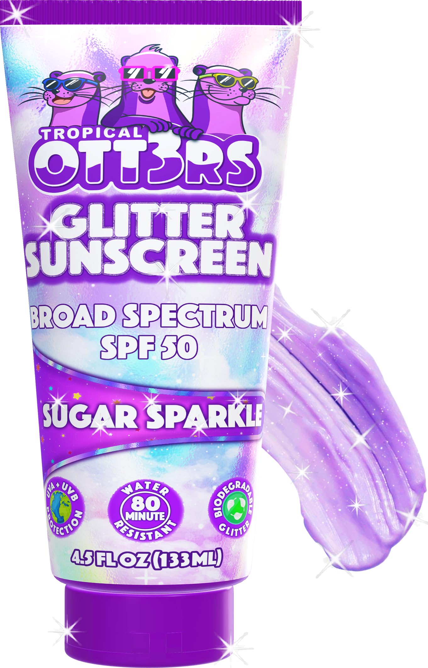 TROPICAL OTT3RS Glitter Sunscreen bottle front shows SPF 50 protection for everyday sun safety.