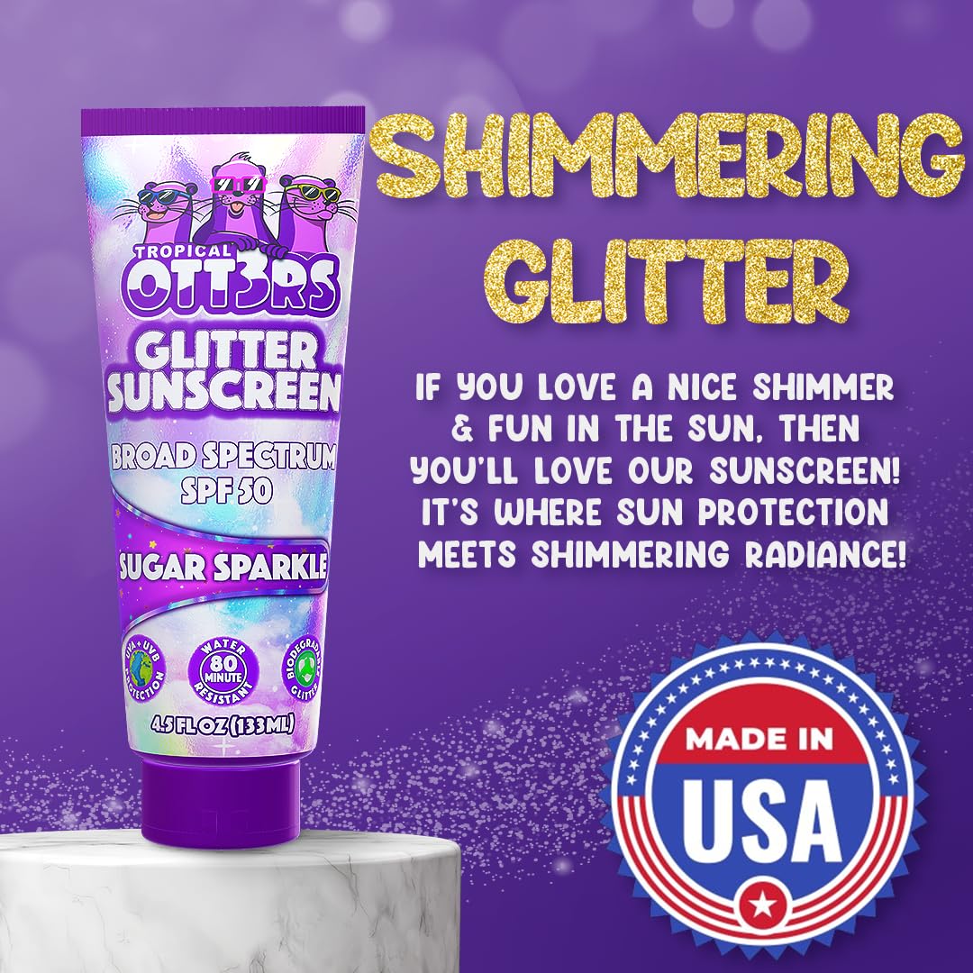 Kids at the beach use Glitter Sunscreen for playful sun protection during summer days.