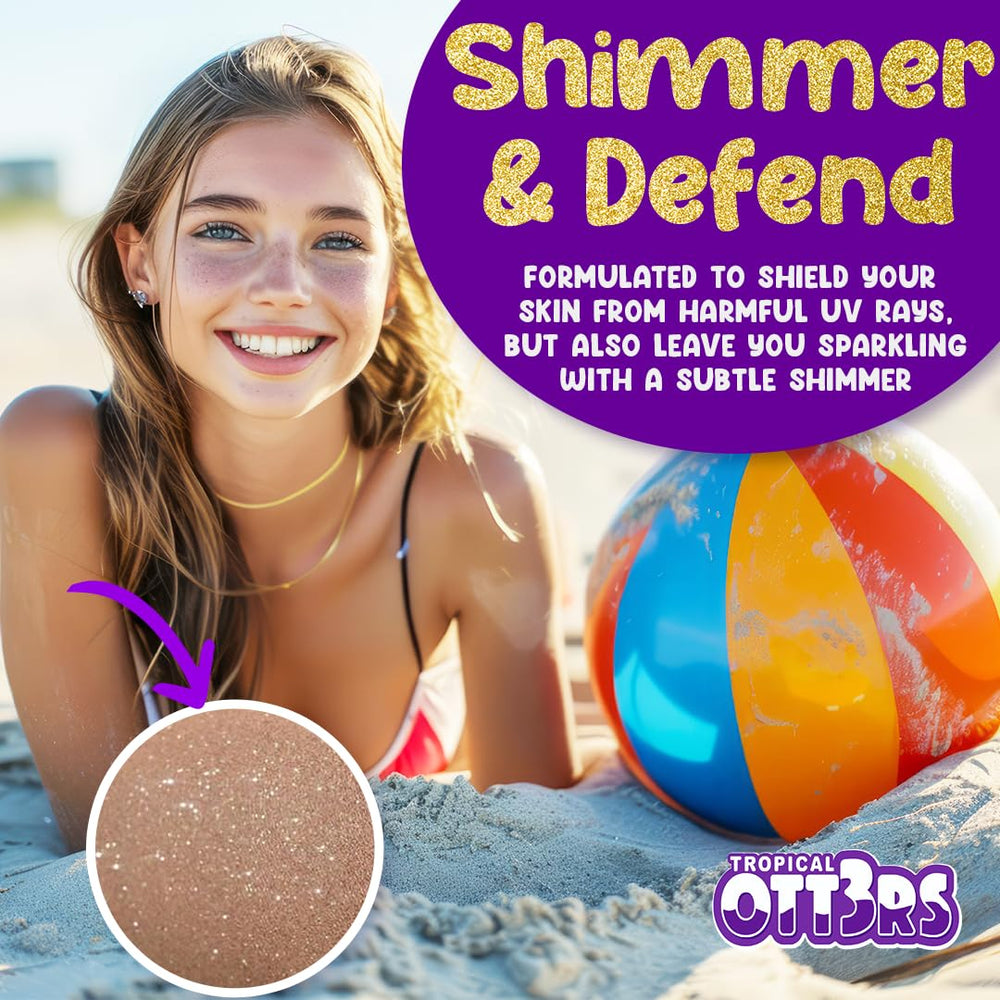 Texture close-up of Glitter Sunscreen showing smooth rub-in and shimmering finish.
