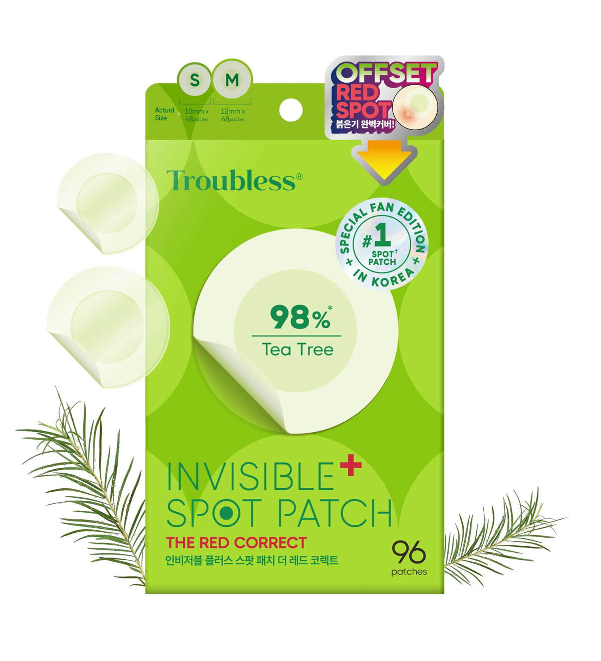 Troubless Invisible+ Spot Patch Red Correct packaging shows 96 discreet redness patches for daily use