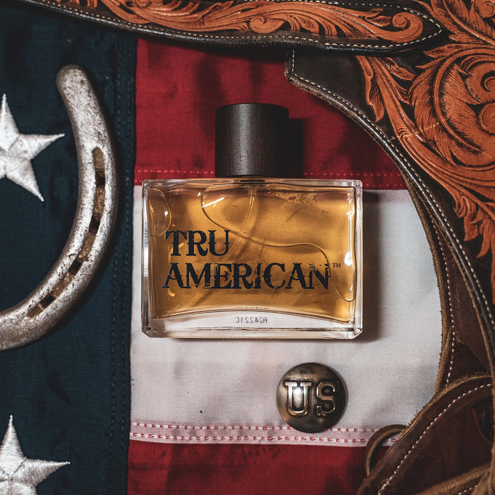 Tru Fragrance Beauty American Men's Cologne wrapped carton with flag accents.