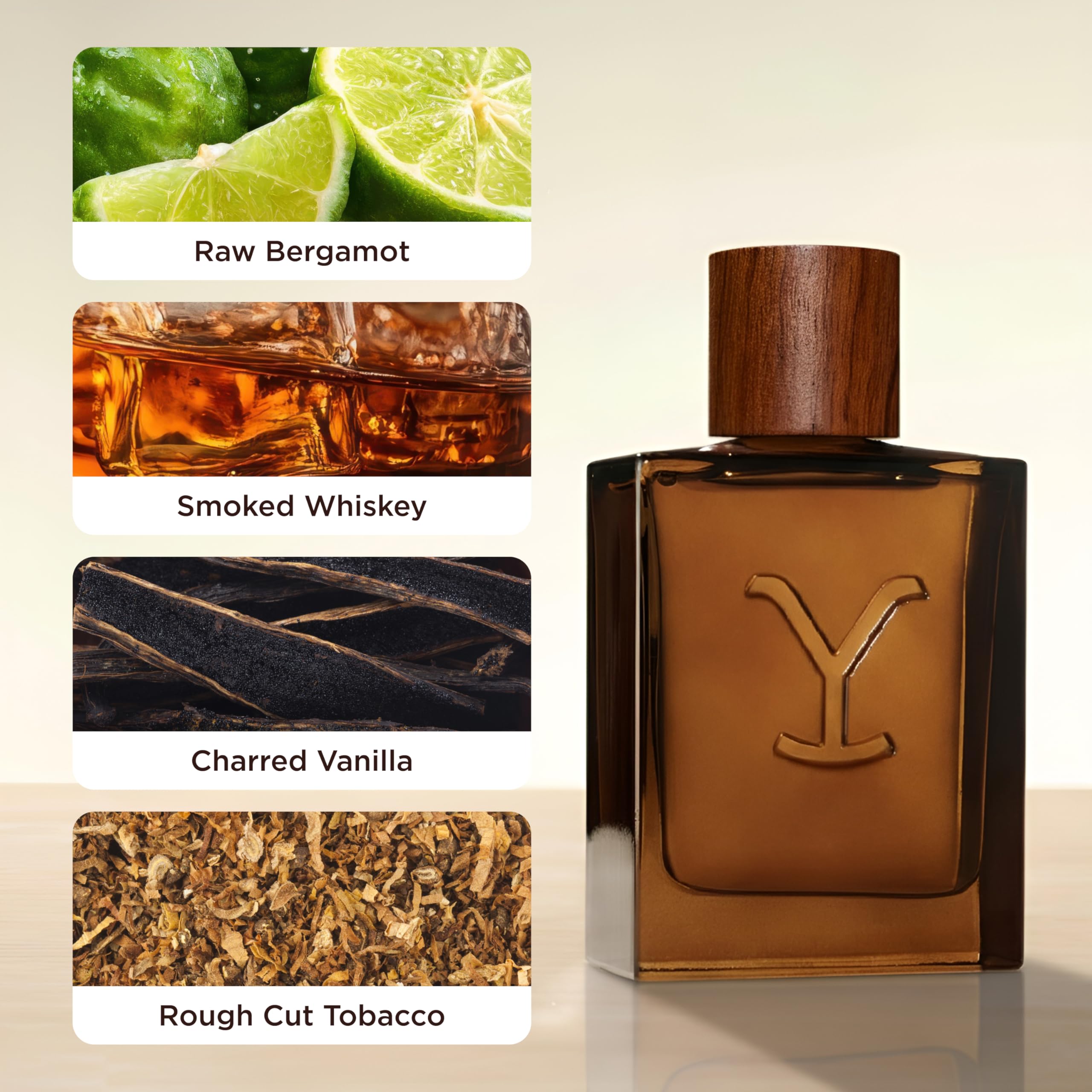 Tru Fragrance Beauty Yellowstone Ride smoked-whiskey note visualization, hinting at bold evening wear