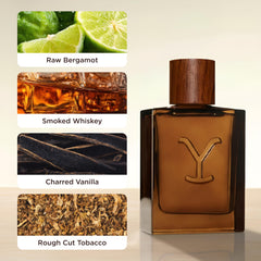 Tru Fragrance Beauty Yellowstone Ride smoked-whiskey note visualization, hinting at bold evening wear
