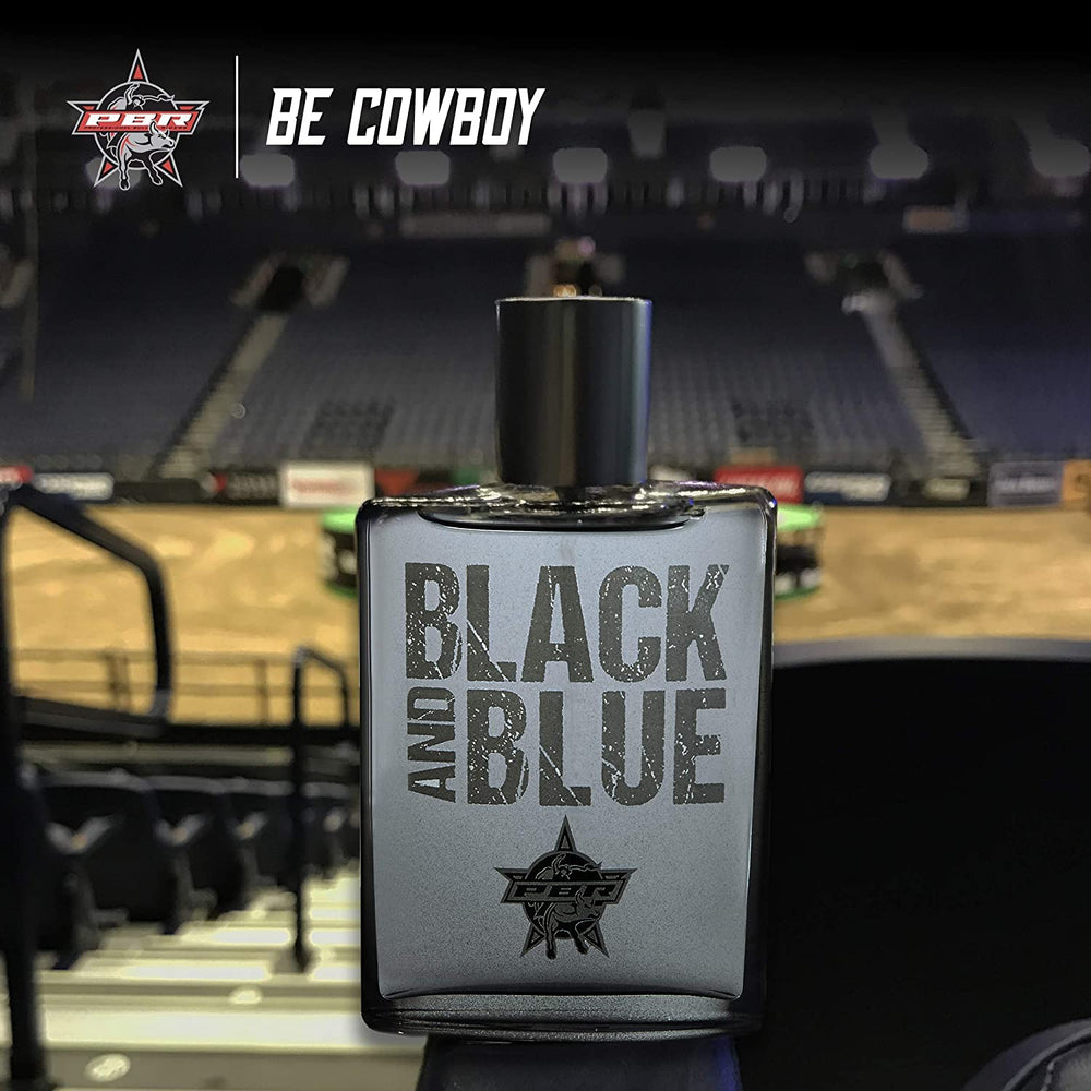 Tru Fragrance Beauty Tru Western PBR Black Blue on wood evokes rugged, ready-for-any-evening vibe