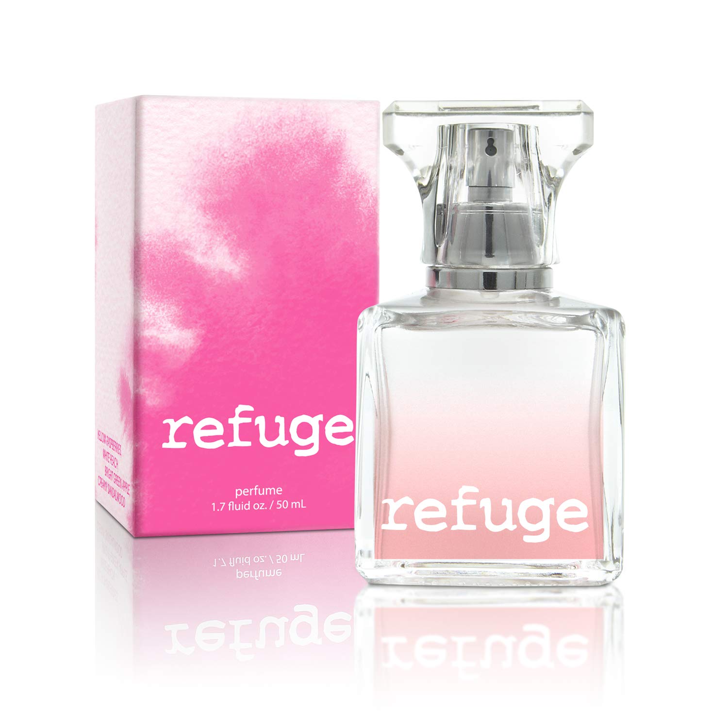 Tru Fragrance Beauty Charlotte Russe Refuge bottle on desk shows vibrant daytime scent.