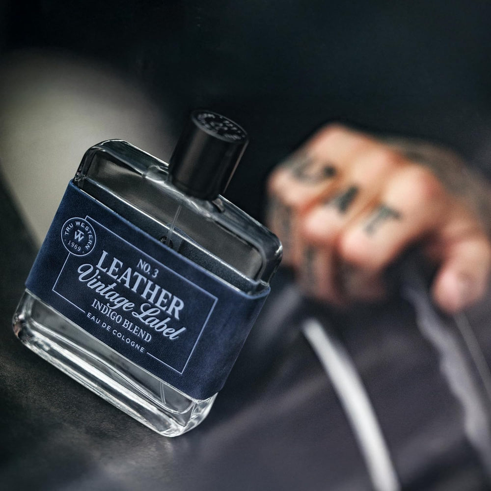 Tru Fragrance Leather No. 3 label tone with vintage blue hues.