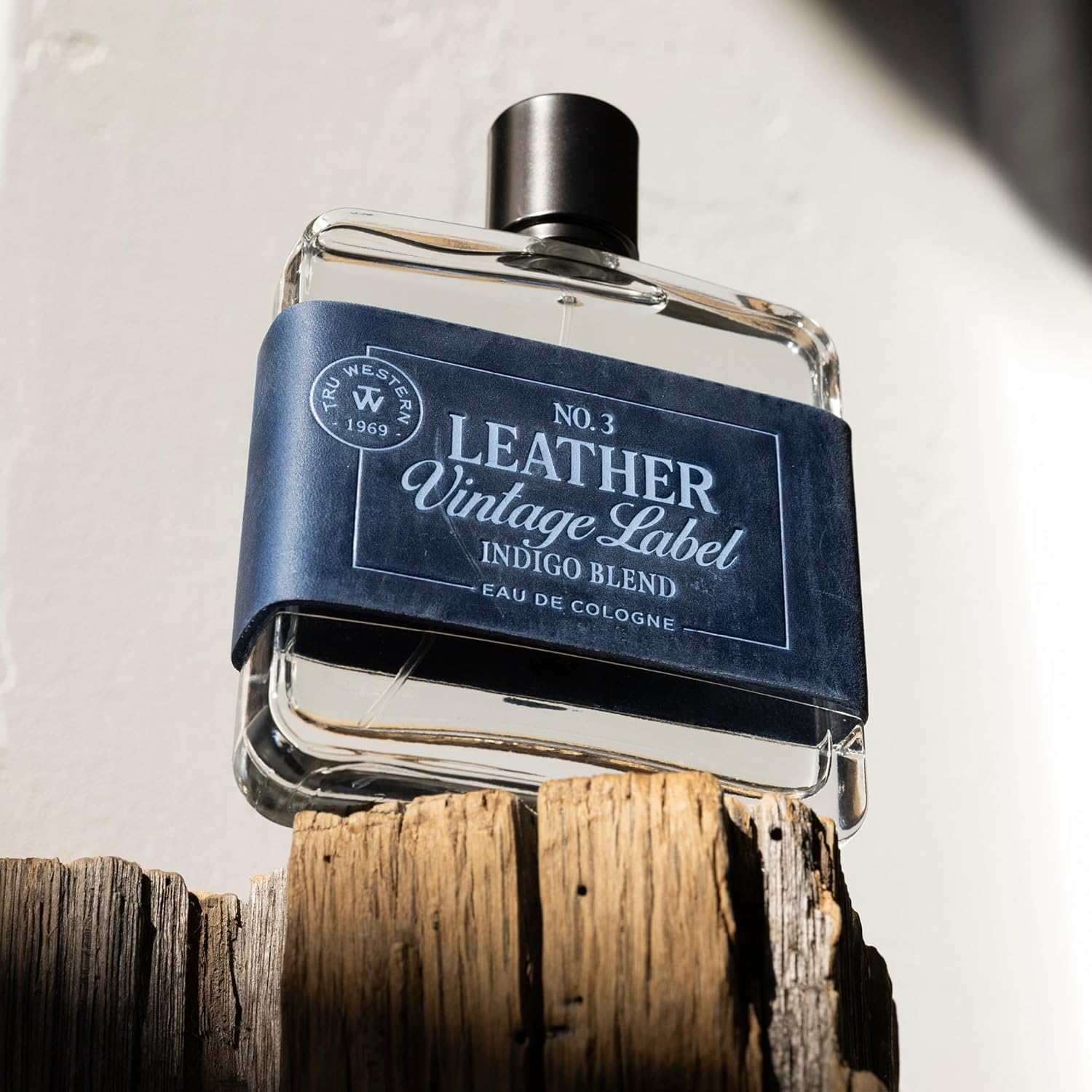 Tru Fragrance Leather No. 3 vintage label closeup shows premium craftsmanship.