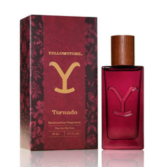 Tru Fragrance Beauty Yellowstone Tornado bottle close-up shows bold fragrance profile.