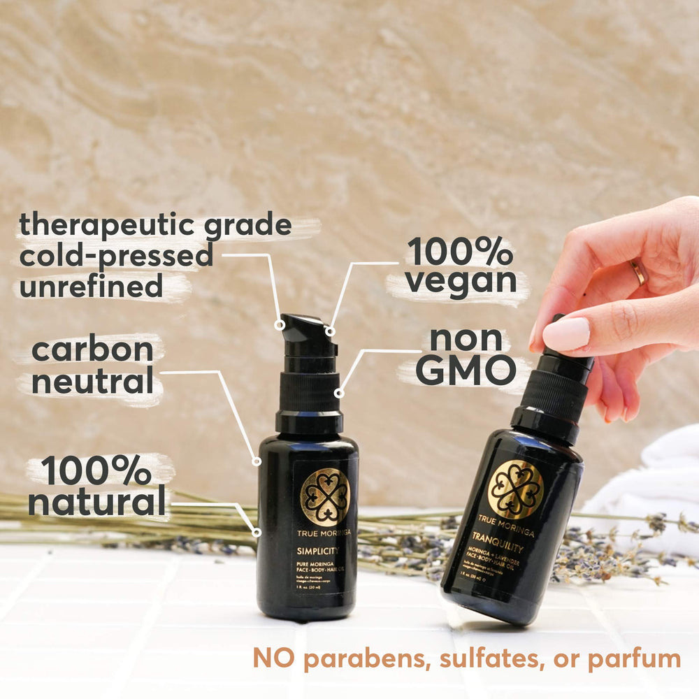 True Moringa Oil ingredients highlight purity and key antioxidant profile.