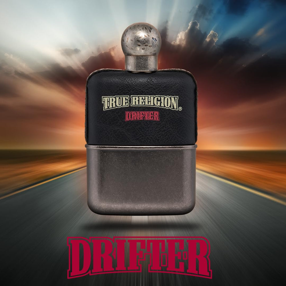 True Religion Drifter bottle on shelf illustrating day-to-night versatility