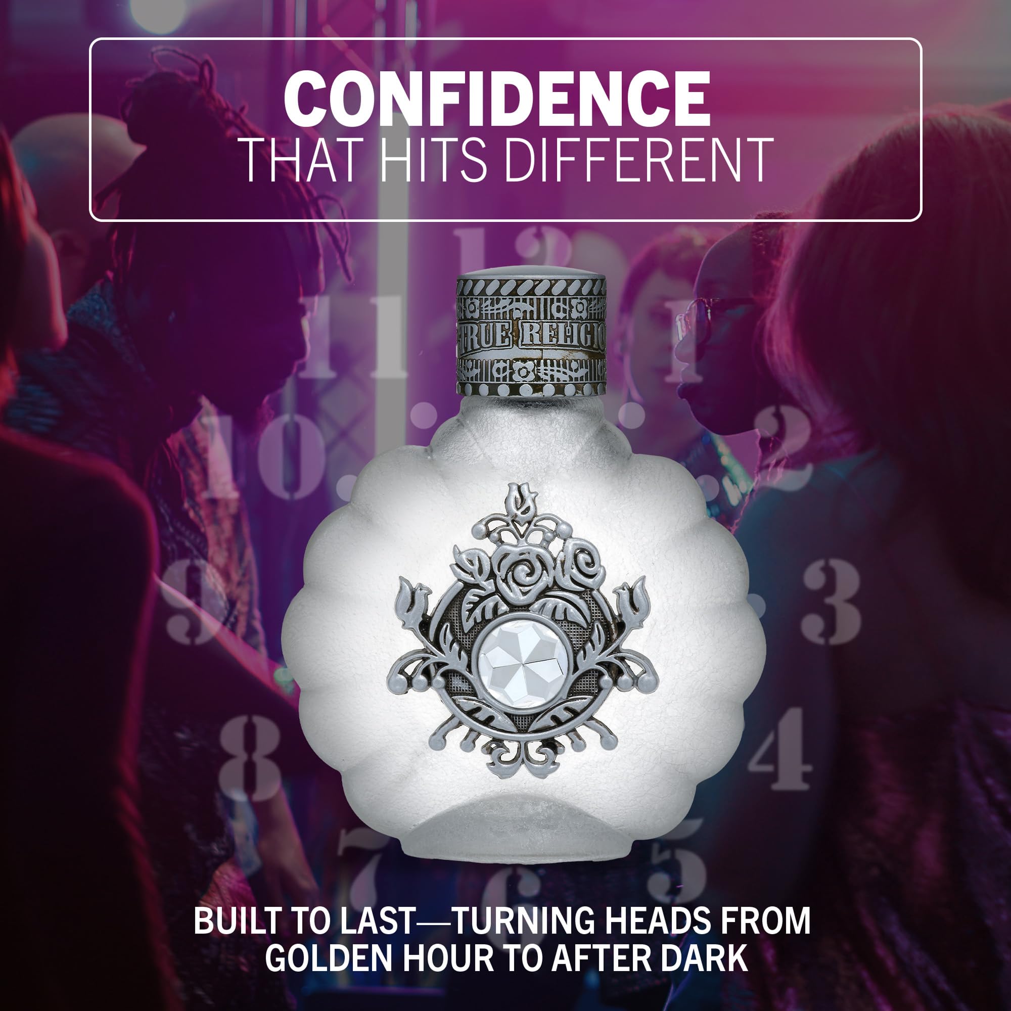 True Religion bottle pour shot hints at sparkling citrus and floral notes