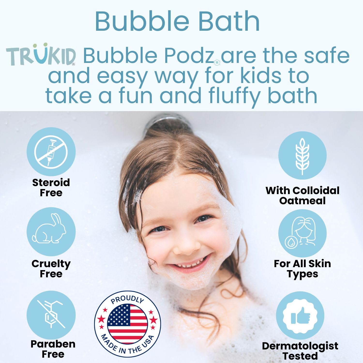 TruKid bathtub filled with gentle bubbles demonstrating tear-free playtime