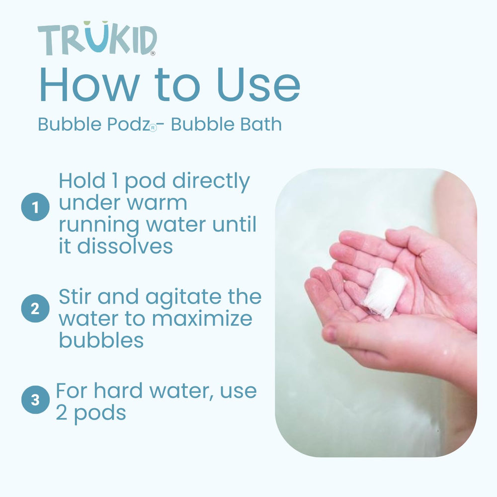 TruKid pod dissolving under running water creating instant bubble foam for easy use