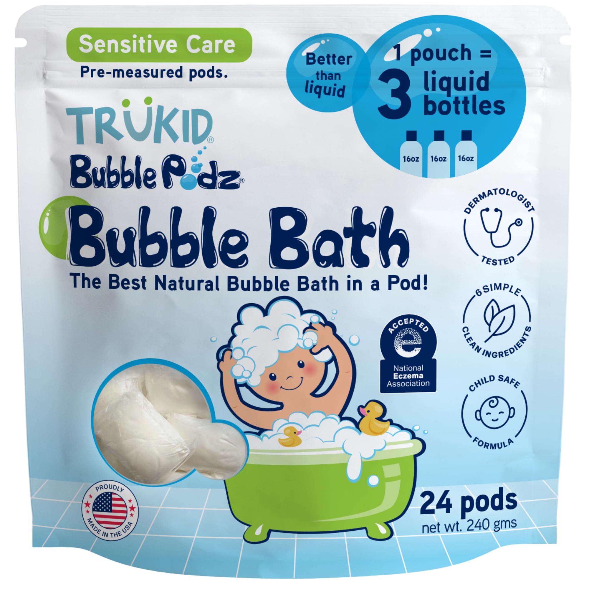TruKid front packaging showing 24 unscented bubble bath pods and benefits