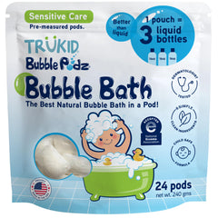 TruKid front packaging showing 24 unscented bubble bath pods and benefits