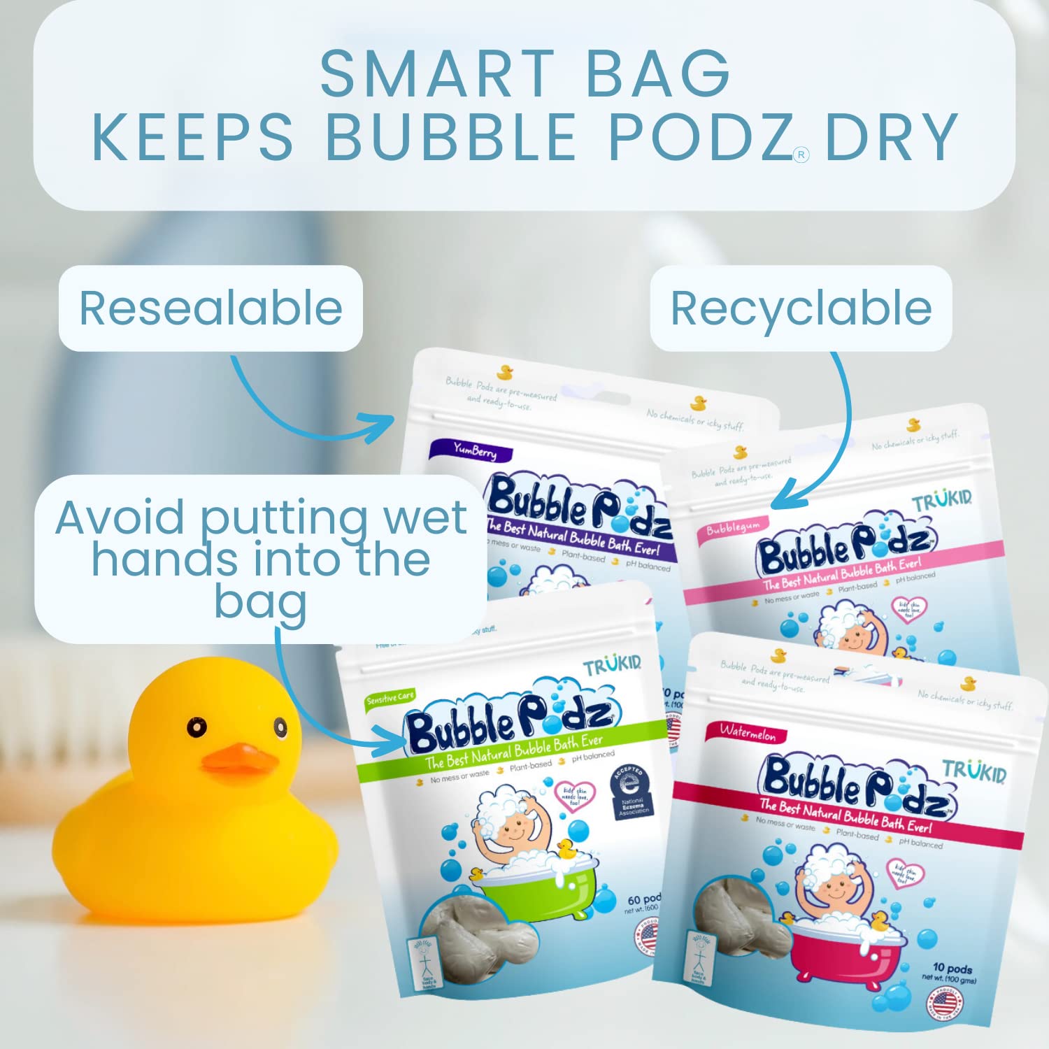 TruKid toddler enjoying bubble bath illustrating calm, sensitive-skin friendly foam