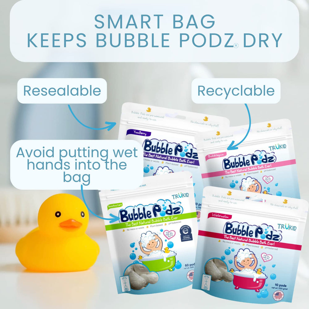 TruKid toddler enjoying bubble bath illustrating calm, sensitive-skin friendly foam