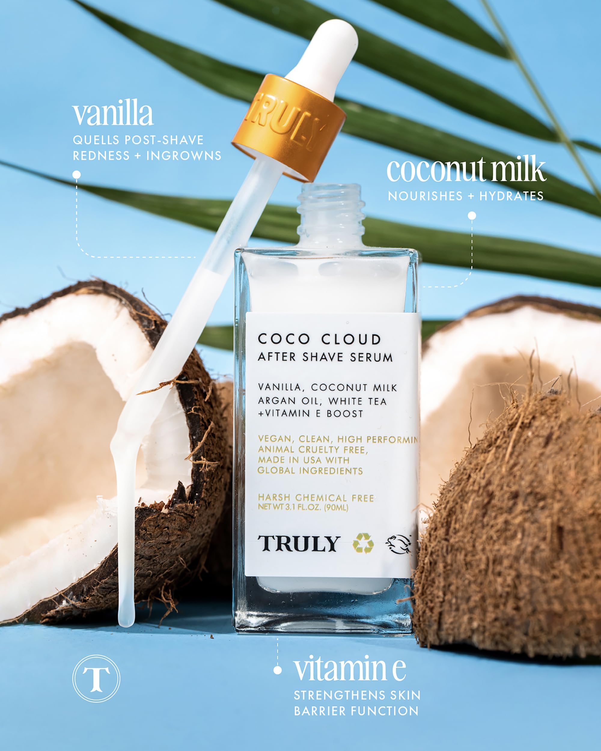 Truly Coco Cloud argan oil droplets on skin illustrating deep hydration after shave