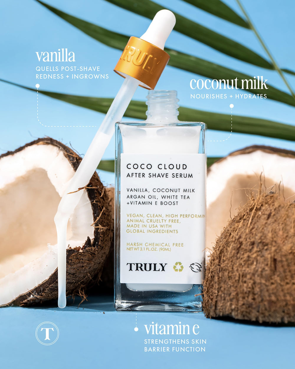 Truly Coco Cloud argan oil droplets on skin illustrating deep hydration after shave