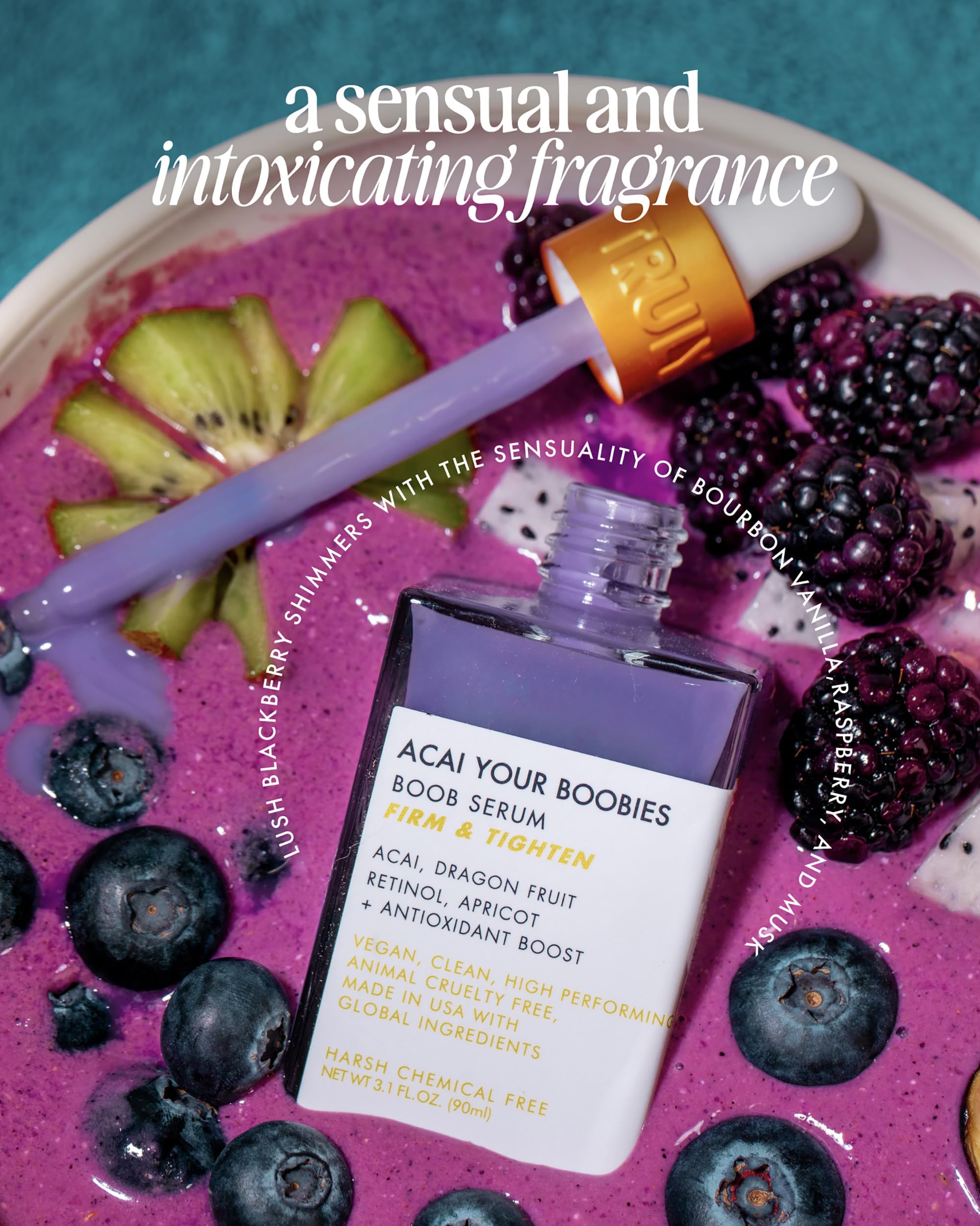 Truly Beauty Acai Your Boobies Serum with acai extract hints at antioxidant nourishment for skin vitality.