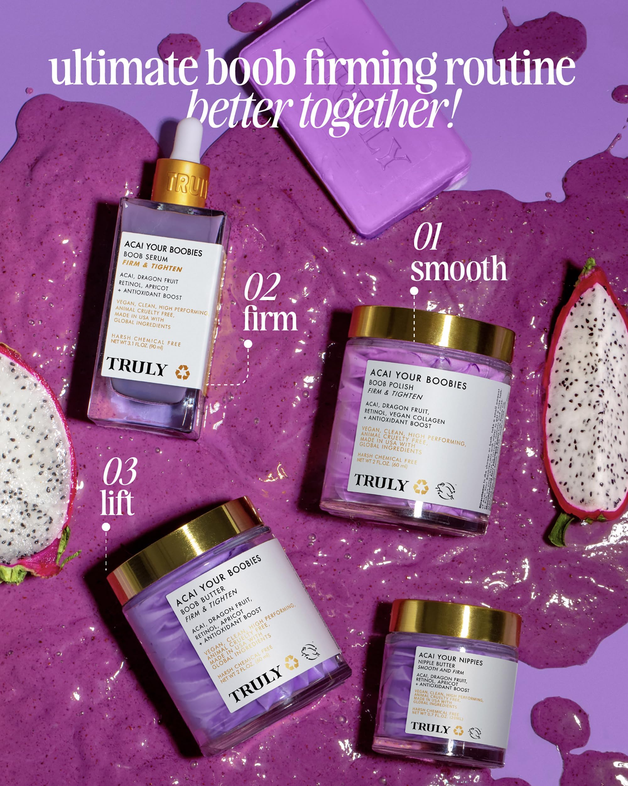 Truly Beauty Acai Your Boobies Serum packaging states vegan, cruelty-free, American-made with global ingredients.