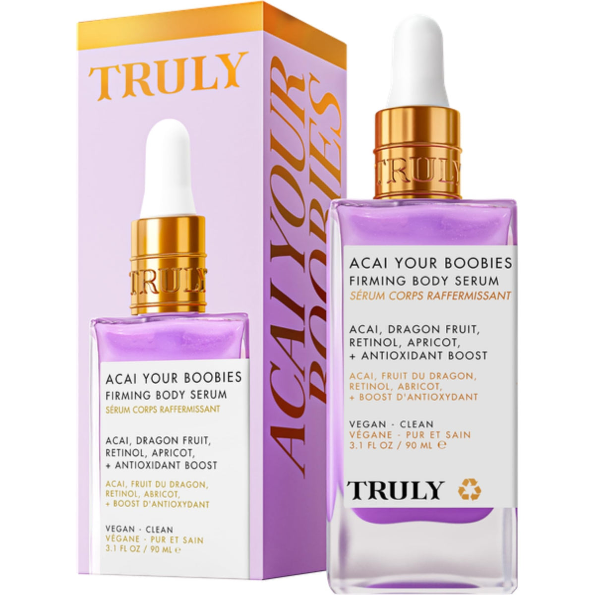 Truly Beauty Acai Your Boobies Serum bottle closeup demonstrates premium packaging for boosting skin elasticity.