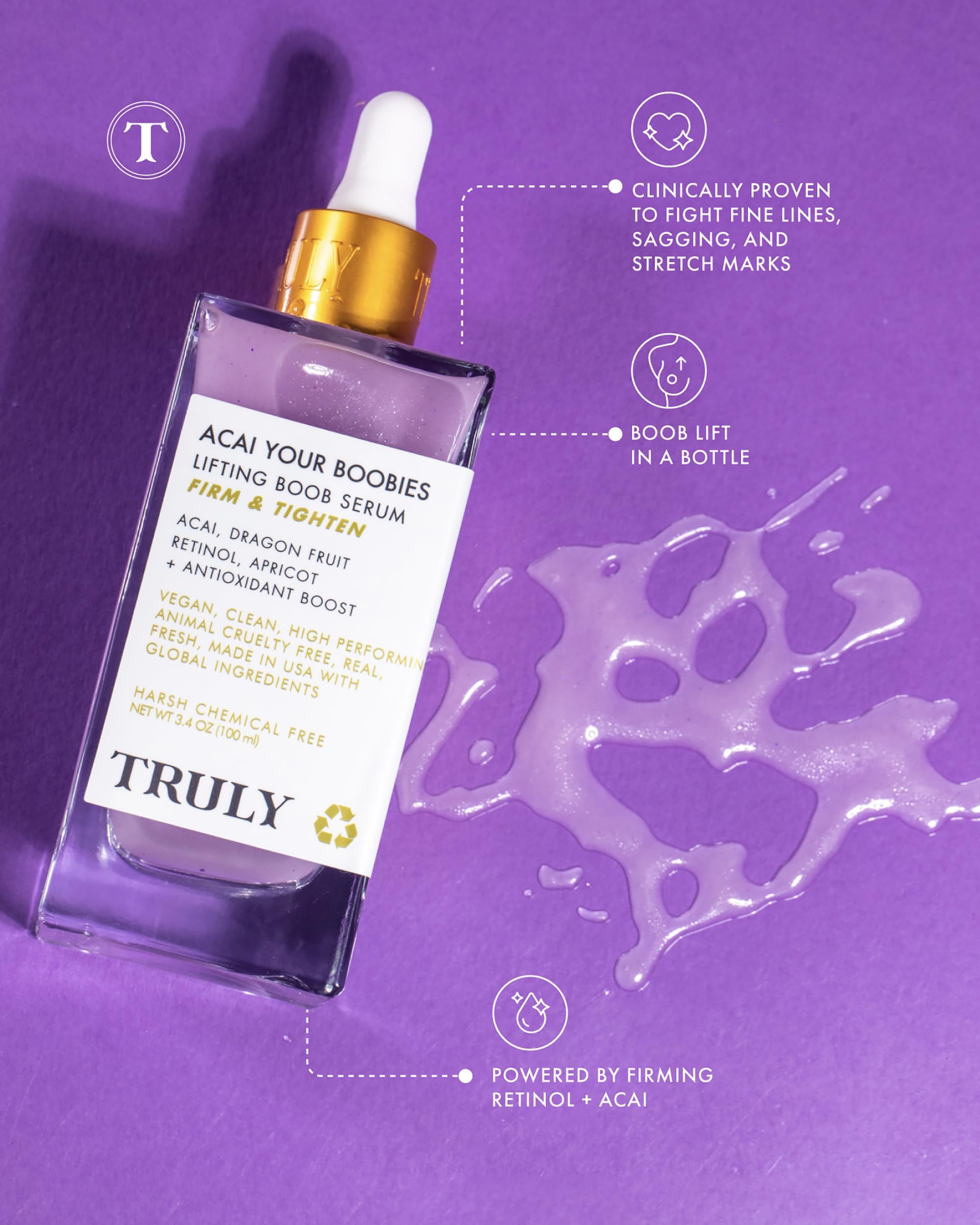 Truly Beauty Acai Your Boobies Serum retinol-0-2-percent demonstrates renewal support for smoother texture.