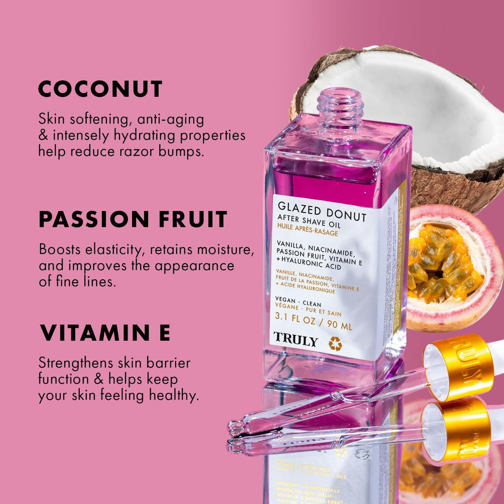 Truly Beauty Glazed Donut After Shave Oil bottle front shows fast-absorbing cooling hydration