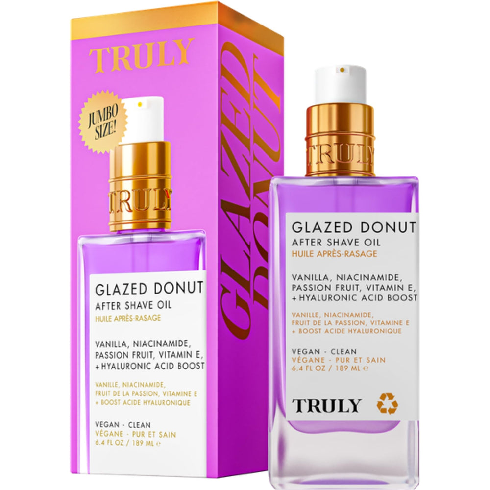 Truly Beauty Glazed Donut After Shave Oil drop on skin shows quick absorption and glow