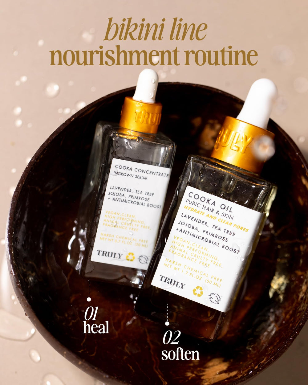 Truly Cooka Concentrate ingredients with jojoba, lavender, tea tree oil offering gentle care