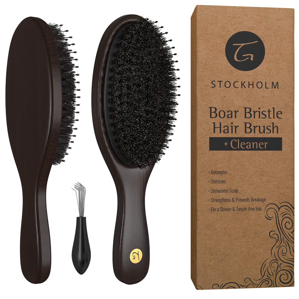 TRULY GENUINE STOCKHOLM hair brush with wooden handle aids detangling of thick hair.
