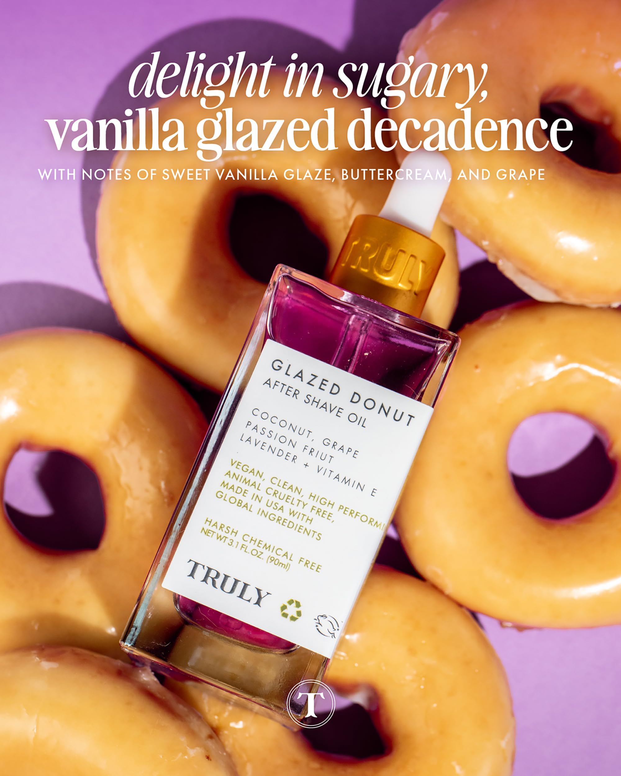 Silky shave glide of Truly Glazed Donut after-shave oil for comfort