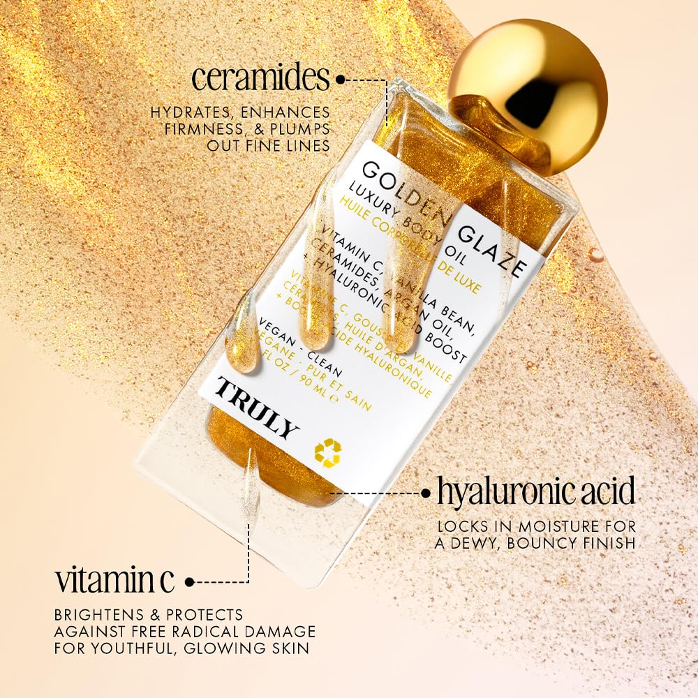 Truly Beauty Golden Glaze glow-on-body reveals a subtle, long-lasting shimmer.