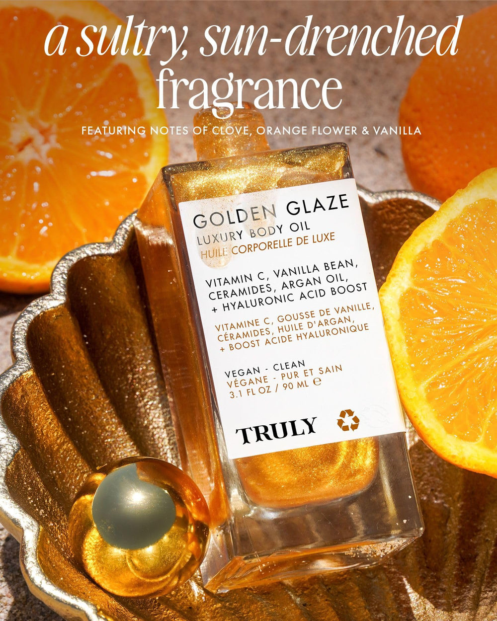 Truly Beauty Golden Glaze gold-shimmer-on-skin shows instant radiance.
