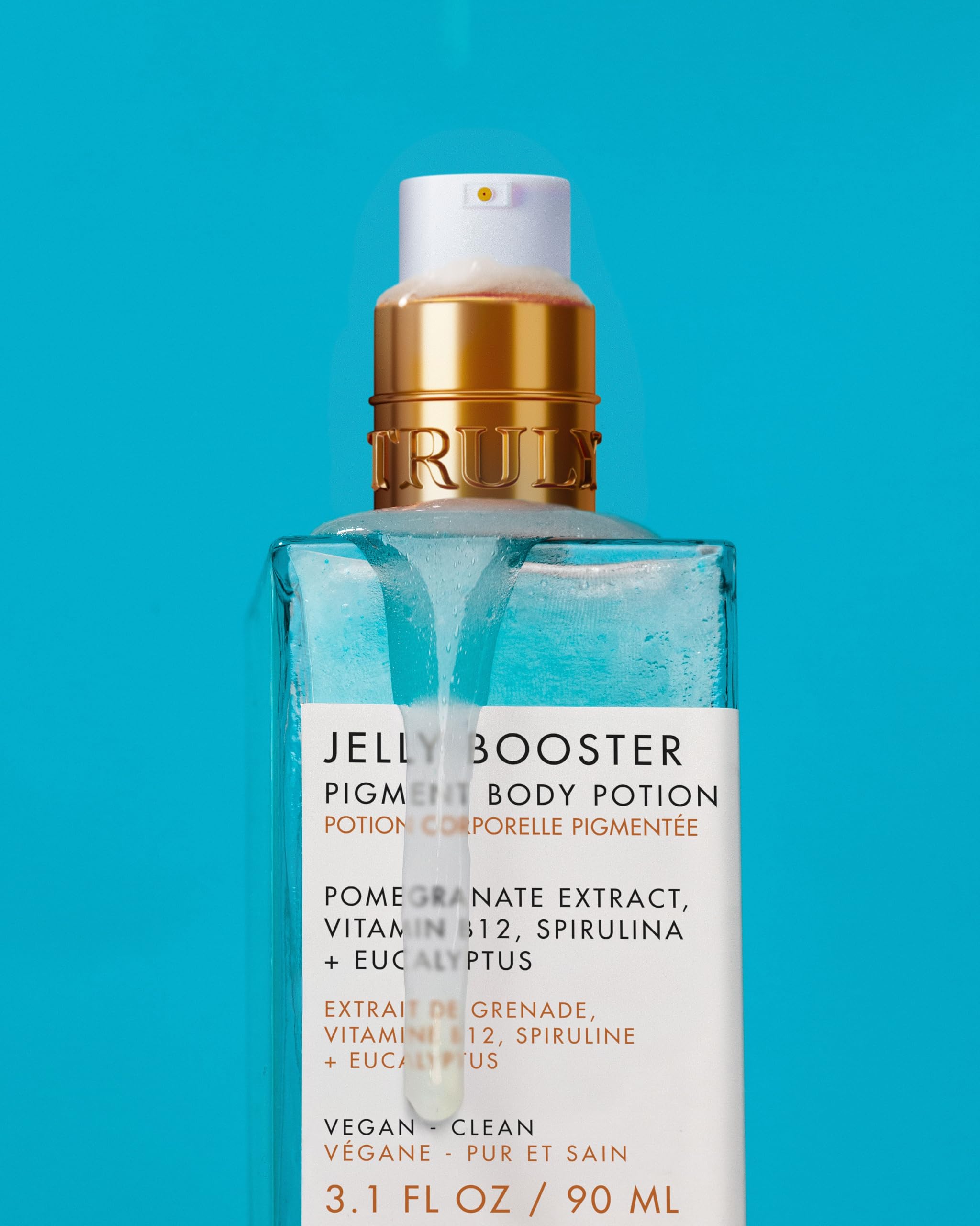 Truly Jelly Booster ingredients photo highlights pomegranate, B2, and hyaluronic acid benefits.