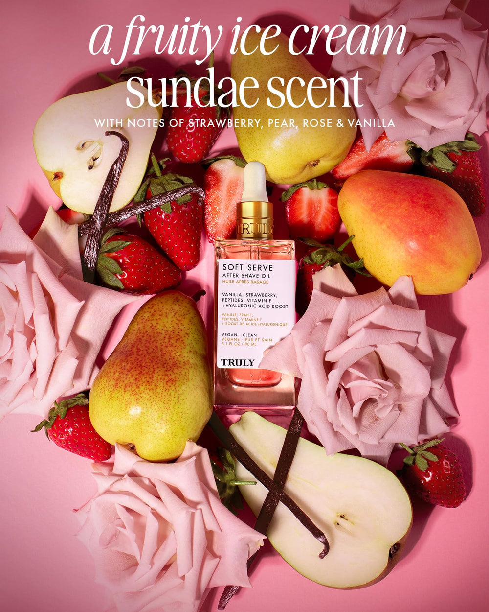 Truly Soft Serve strawberry vanilla scent visual conveys fresh aroma after shaving