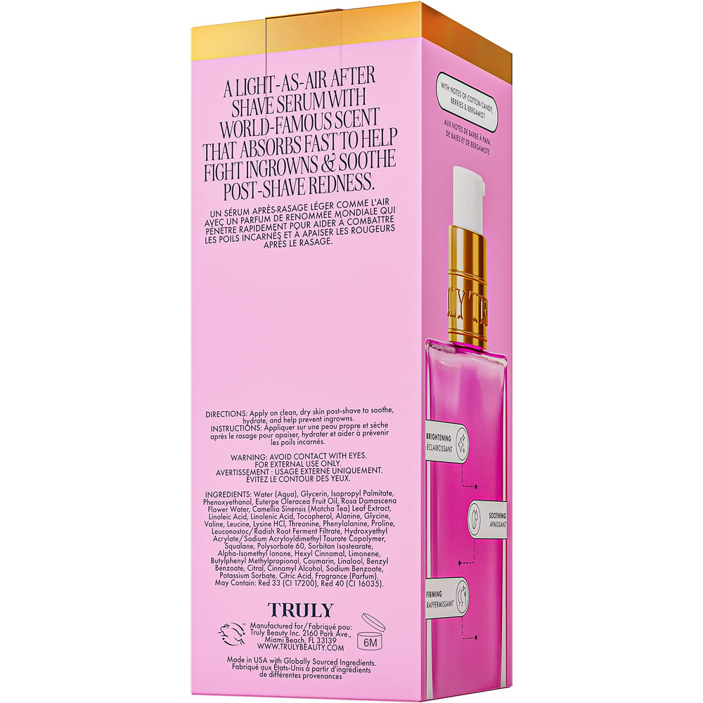 Truly Unicorn Fruit Serum application tips image communicates quick-use moment after shaving.