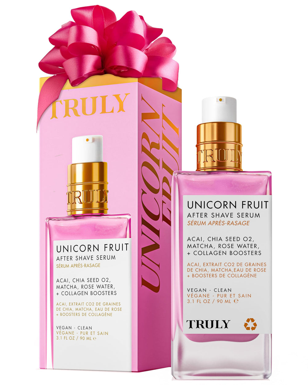 Truly Unicorn Fruit Serum bottle closeup showing fast-absorbing formula for post-shave comfort.