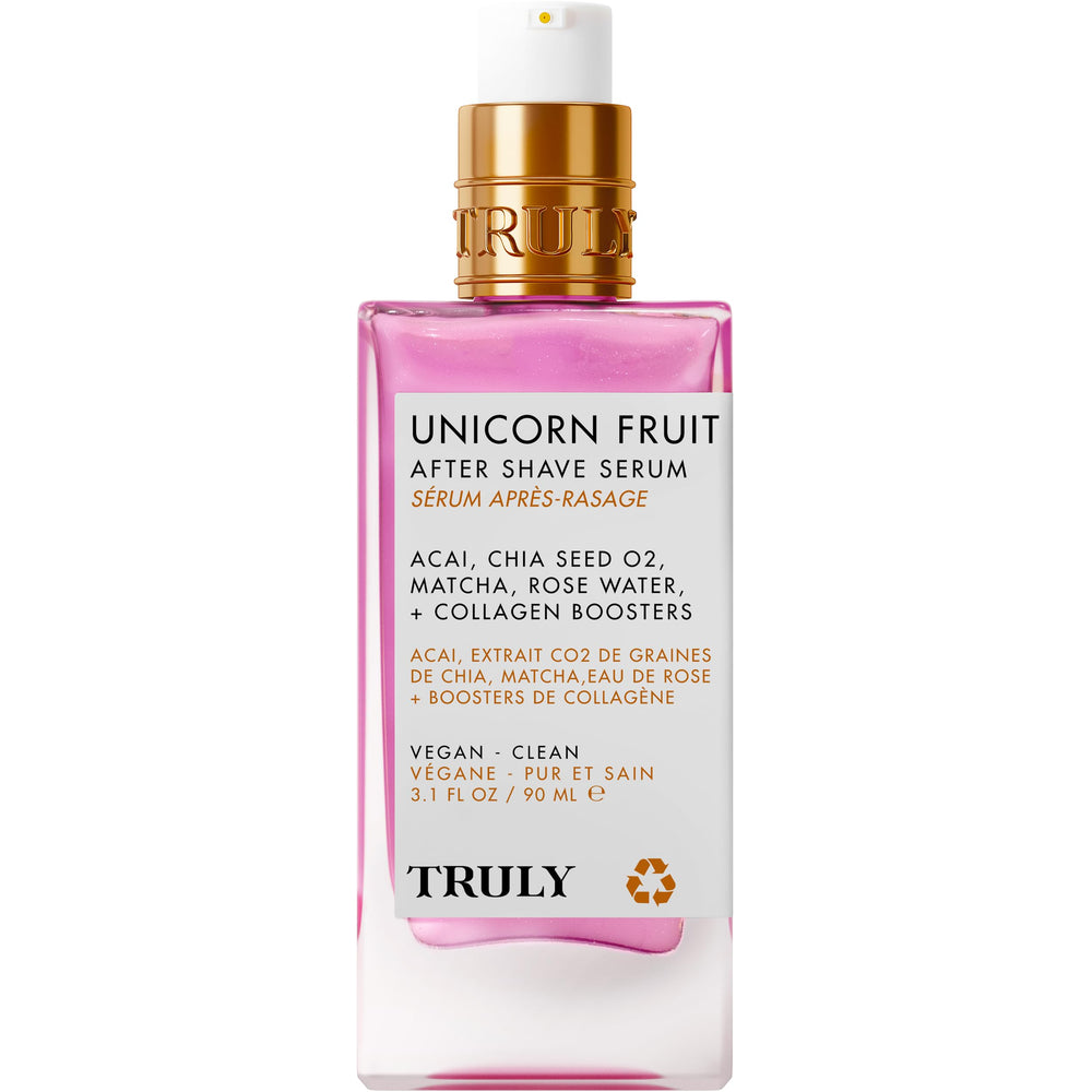 Truly Unicorn Fruit Serum bottle on vanity conveys premium post-shave care routine.
