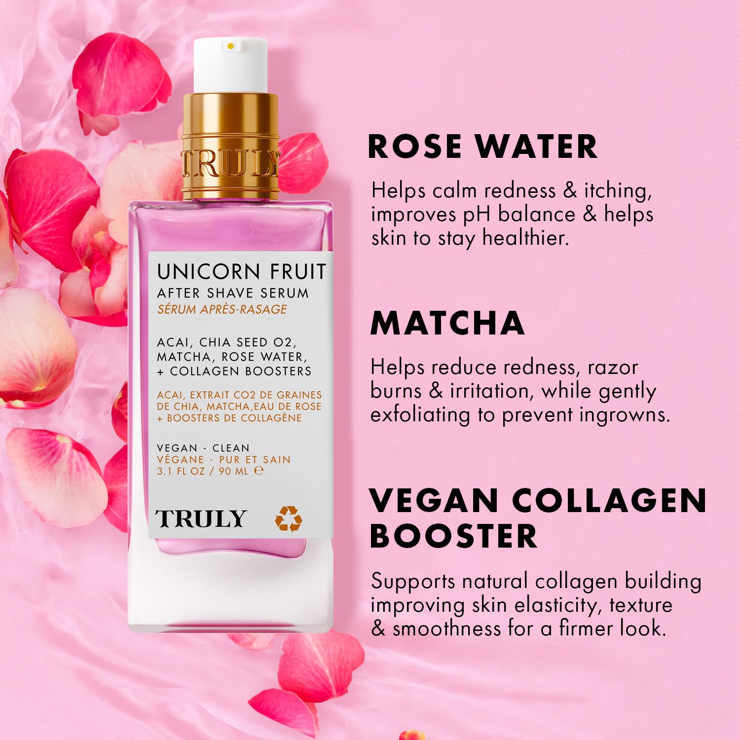 Truly Unicorn Fruit Serum matcha visual showcases antioxidant-rich care and a smoothing feel.