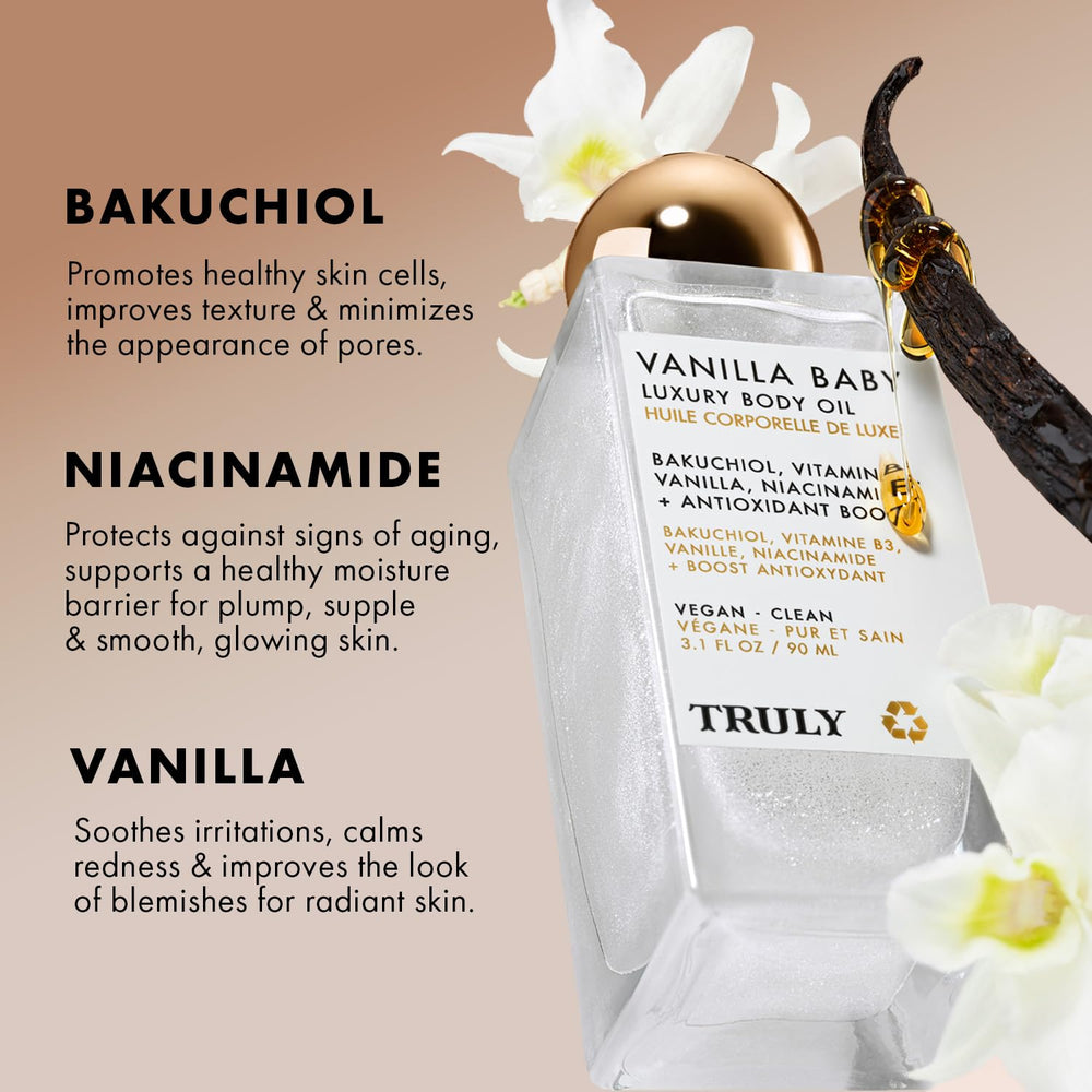 Truly Vanilla Baby Luxury Body Oil application close-up demonstrates quick absorption and subtle glow.