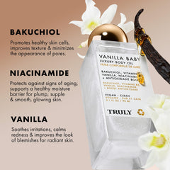 Truly Vanilla Baby Luxury Body Oil application close-up demonstrates quick absorption and subtle glow.