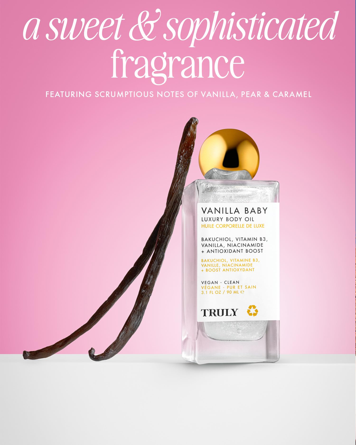 Truly Vanilla Baby Luxury Body Oil scent profile hints vanilla, pear, caramel aroma.