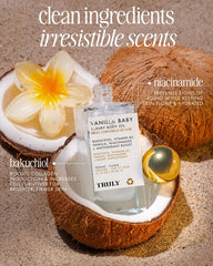 Truly Vanilla Baby Luxury Body Oil texture swatch reveals moisturizing, massage-friendly finish.