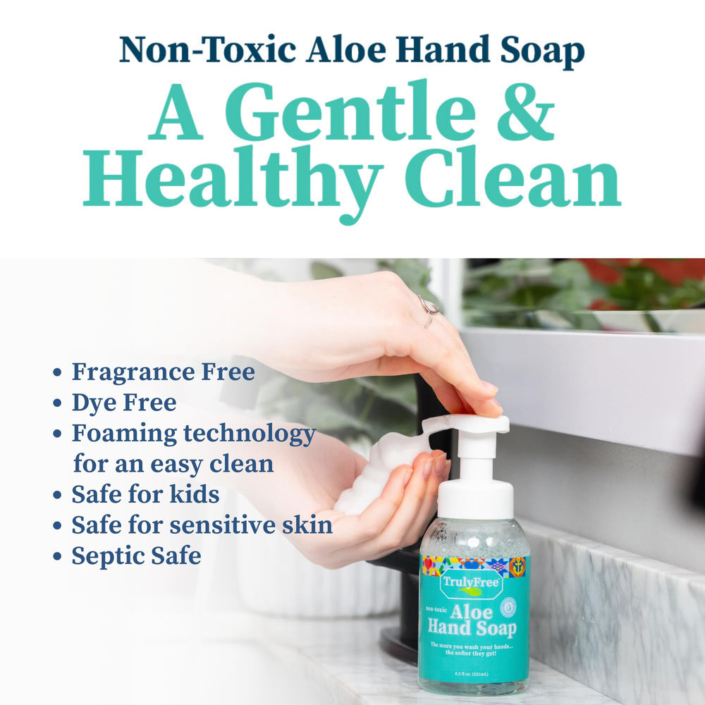 Truly Free Aloe Unscented Hand Soap dispenser close-up highlights reusable bottle