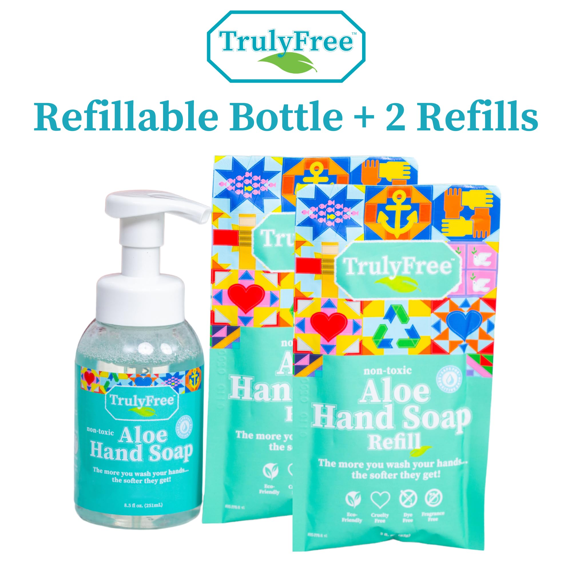Truly Free Aloe Unscented Hand Soap packaging highlights eco-friendly design and refillability