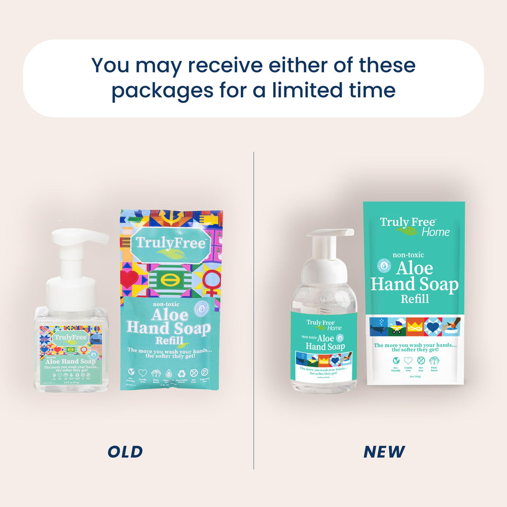 Truly Free Aloe Unscented Hand Soap refill pouch demonstrates sustainable refilling option