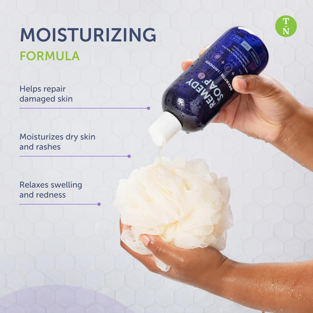 Truremedy Naturals Lavender Shea Butter Body Wash daily-use demonstration promotes consistent hydration.